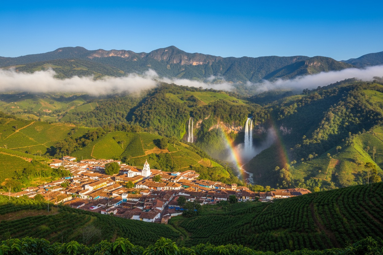 A small town with white buildings sits nestled in a lush, green valley beneath mountains and a double waterfall with a visible rainbow.