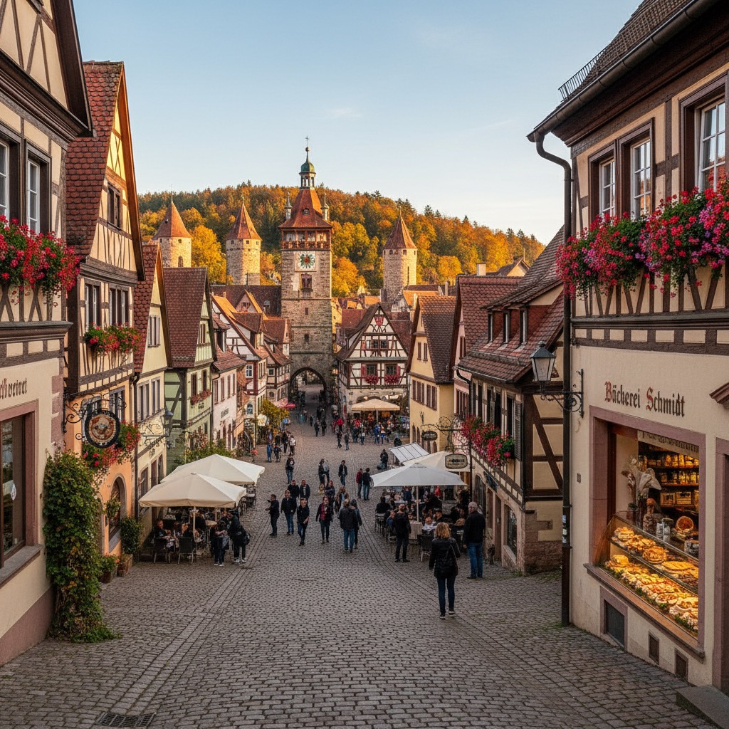 People walk along a cobblestone street lined with traditional half-timbered buildings and a bakery in a historic German town.